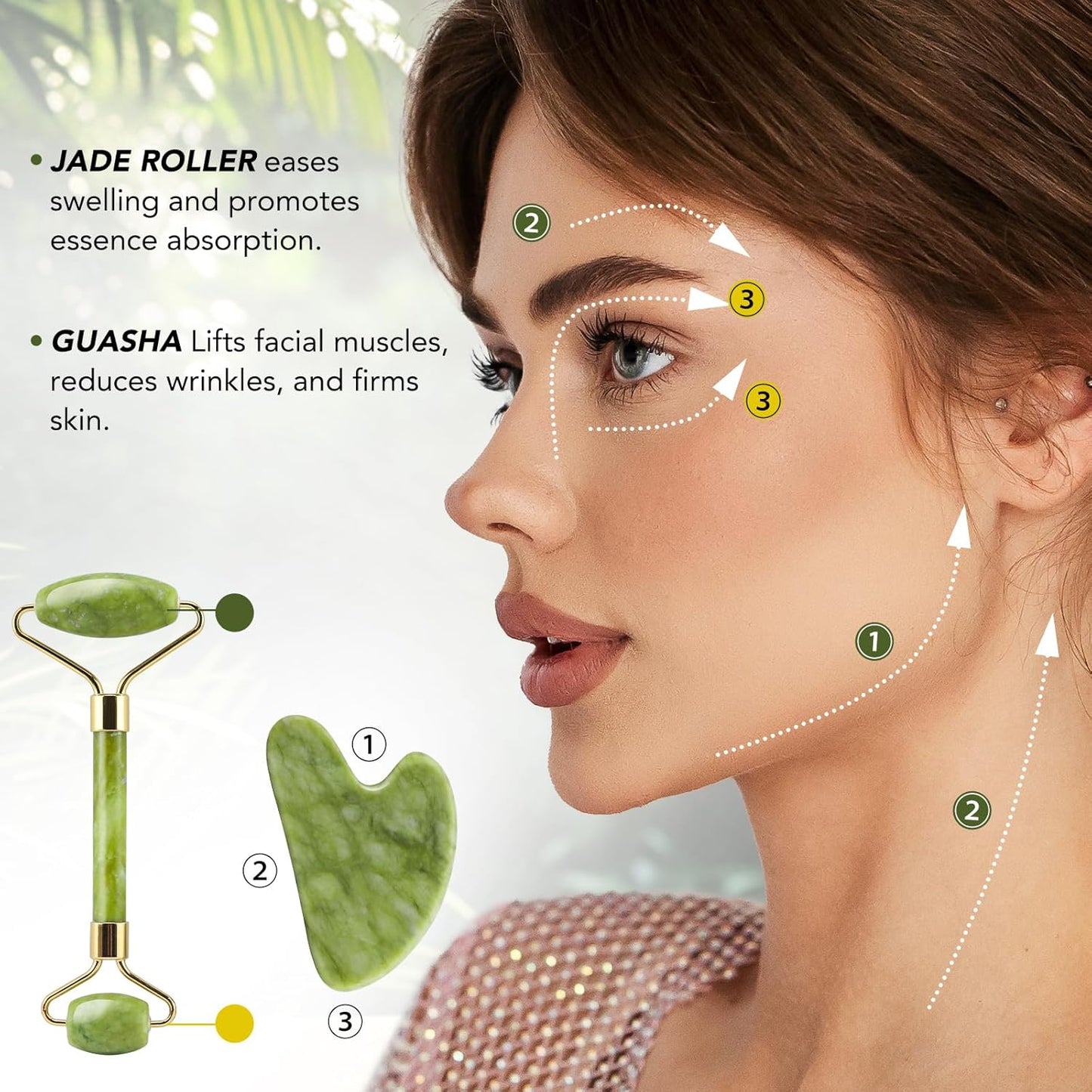 Natural Jade Roller & Gua Sha Set, Stone Facial Massage Tool for Lifting, Anti-Aging & Eye Care Spa