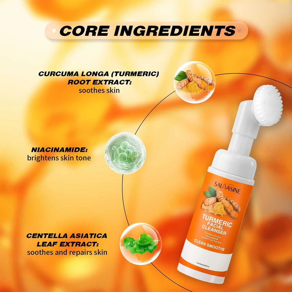Turmeric & Lemon Brightening Foaming Face Wash Moisturizing Cleansing Foam with Brush