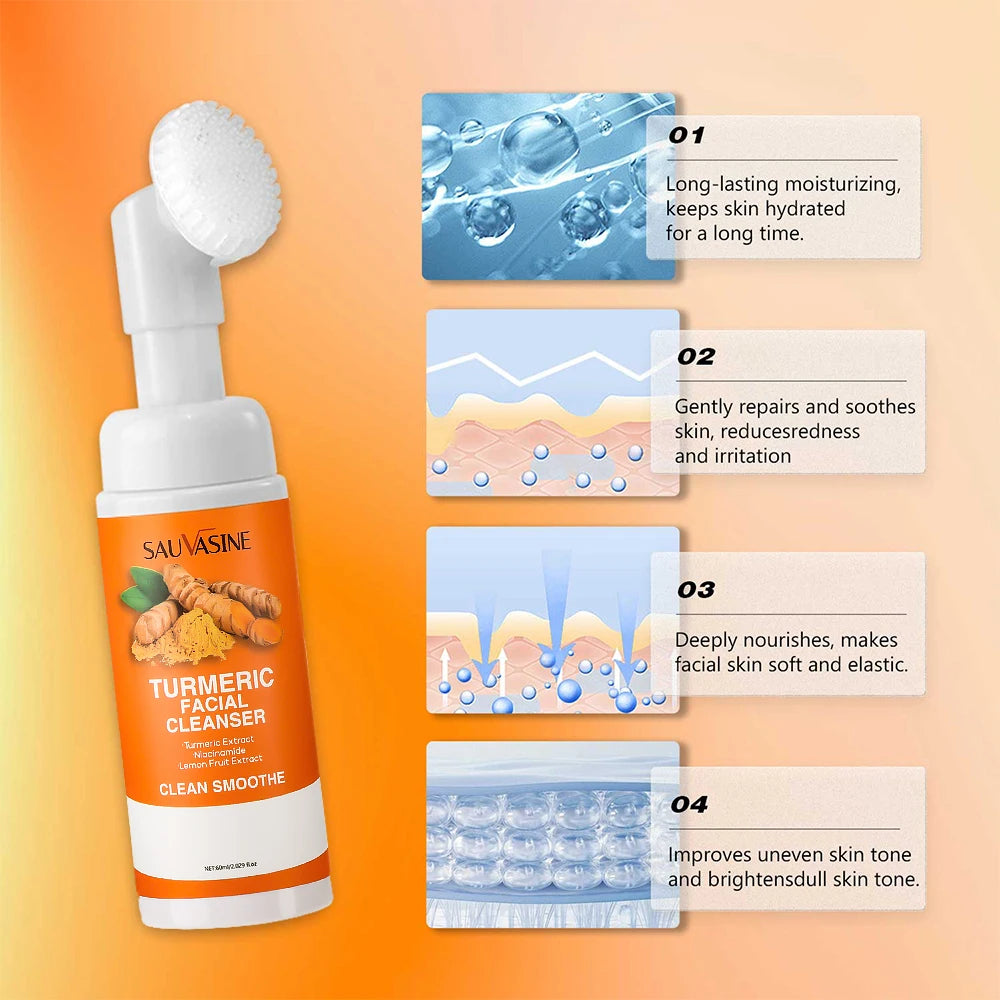 Turmeric & Lemon Brightening Foaming Face Wash Moisturizing Cleansing Foam with Brush
