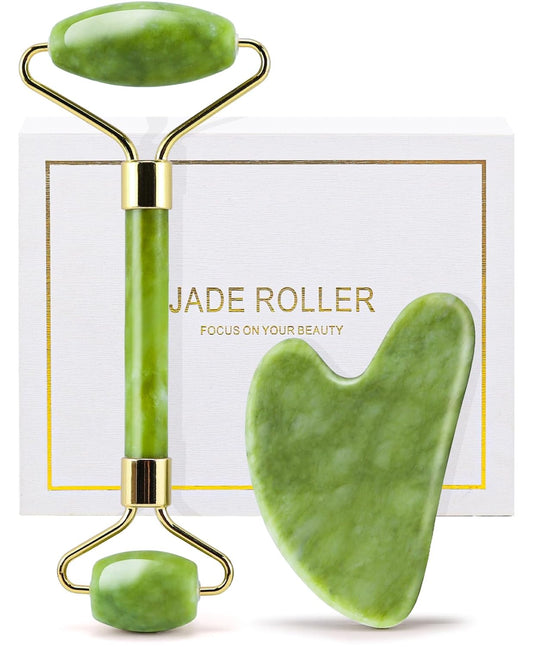 Natural Jade Roller & Gua Sha Set, Stone Facial Massage Tool for Lifting, Anti-Aging & Eye Care Spa