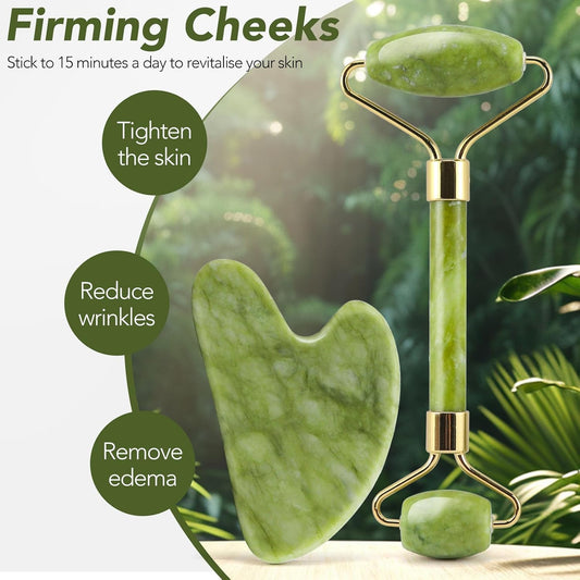 Natural Jade Roller & Gua Sha Set, Stone Facial Massage Tool for Lifting, Anti-Aging & Eye Care Spa
